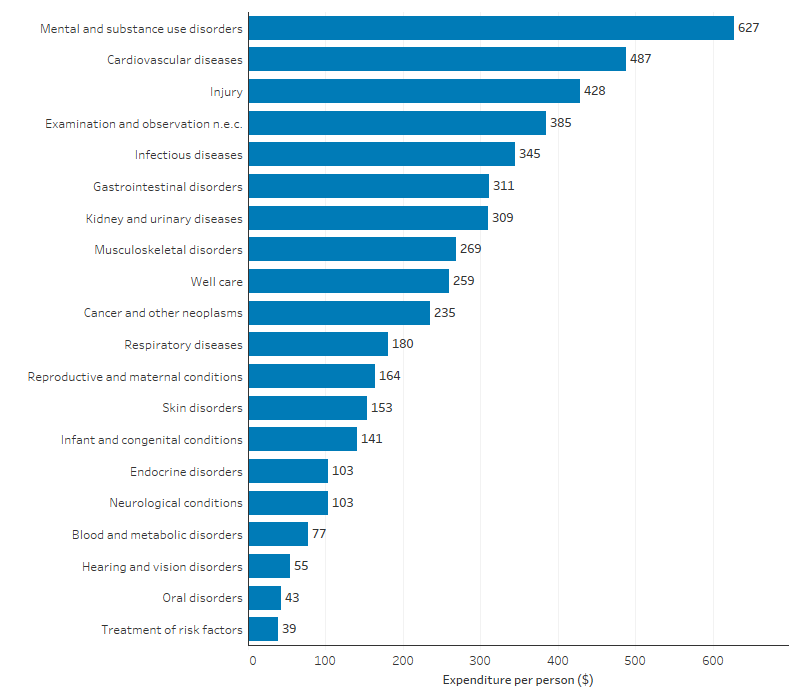 Expenditure per person for First Nations people on hospitalisations in public and private hospitals, by disease group This bar chart shows that the disease groups with the highest per person expenditure on hospitalisations for First Nations people were mental and substance use disorders ($627 per person), cardiovascular diseases ($487 per person) and injury ($428 per person).