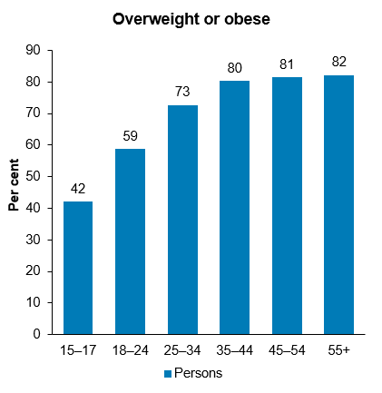 The second bar chart shows that the proportion of First Nations people who were overweight or obese increased between the ages of 15-17 (42%) and 35-44 (80%) after which it plateaued.