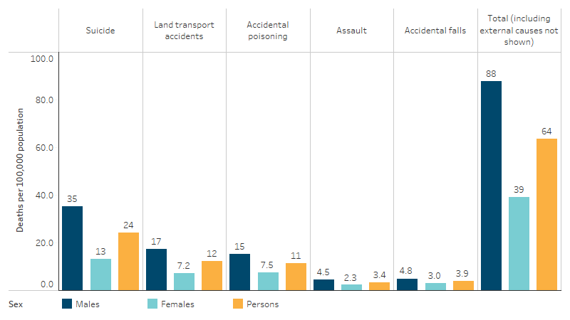 Death rates for injury and poisoning (external causes) for First Nations people, by external cause and sex, NSW, Qld, WA, SA and NT This bar chart shows that suicide was the leading cause of injury and poisoning death for First Nations males and females (35 per 100,000 and 13 per 100,000, respectively). For First Nations males the second leading cause of injury and poisoning deaths was land transport accidents (17 per 100,000) while for First Nations females it was accidental poisoning (7.5 per 100,000).