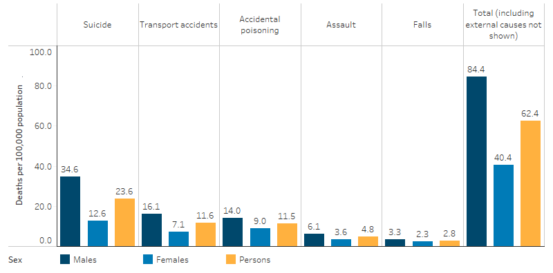 The column chart shows that, for Indigenous males and females, the most common cause of death due to injury and poisoning was suicide (34.6 per 100,000 respectively for males, compared with 12.6 and per 100,000 for Indigenous females). The next most common cause of death from injury and poisoning was for transport accidents (16.1 per 100,000) for Indigenous males, accidental poisoning Indigenous females (9.0 per 100,000). 