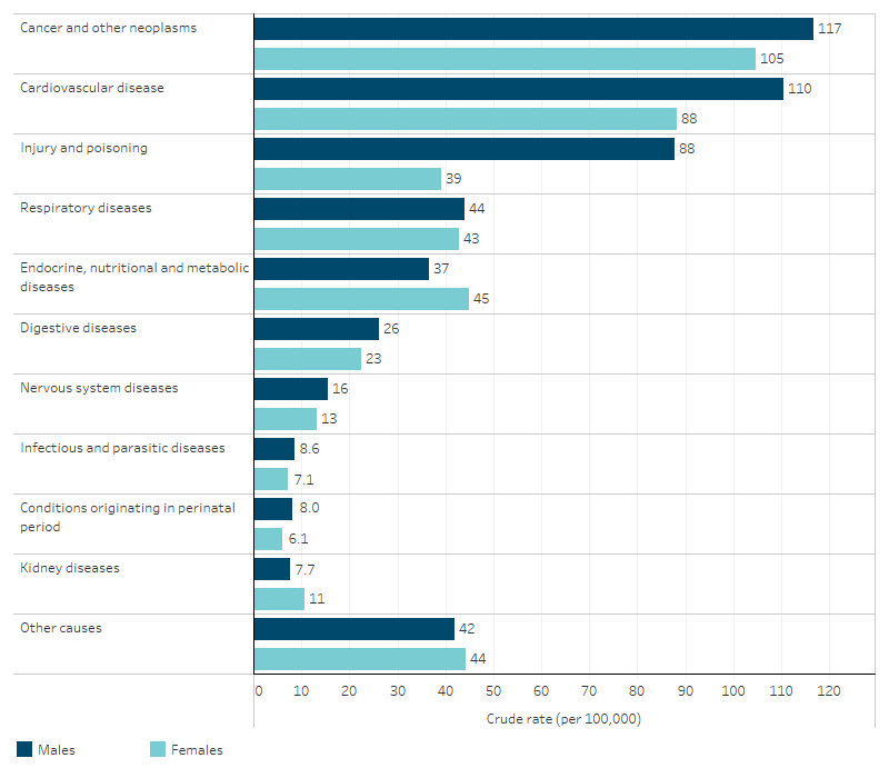 Leading broad causes of death for First Nations people, by sex, NSW, Qld, WA, SA and NT This bar chart shows that the leading causes of death for both First Nations males and females was cancer and other neoplasms, followed by cardiovascular disease. Death rates for First Nations males were higher than for First Nations females across most leading causes, except for kidney diseases and endocrine, nutritional and metabolic diseases.
