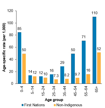The first column chart shows that for First Nations people, the highest rate of hospitalisation for respiratory disease was among those aged 65 and over (110 per 1,000), followed by those aged 0-4 (85 per 1,000). Across all age groups, the hospitalisation rate for respiratory diseases was higher for First Nations people than for non-Indigenous Australians.