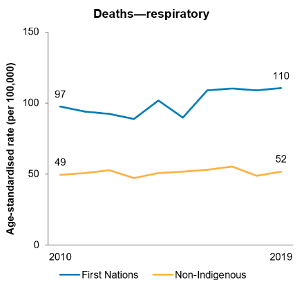 The second line chart shows the age-standardised rate of deaths due to respiratory disease between 2010 and 2019. There was little change observed for both First Nations people and non-Indigenous Australians over this period.