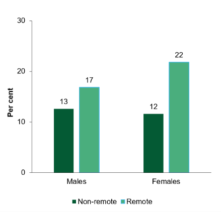 The first column chart shows that for both First Nations males and females, the rate of diabetes/high sugar levels was higher in remote than non-remote areas. 