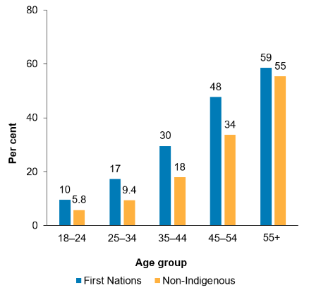The first column chart shows that the prevalence of high blood pressure increased with age, and it was higher for First Nations people than for non-Indigenous Australians across all age groups, with the highest value in the 55 and over age group (59% for First Nations people and 55% for non-Indigenous Australians). 
