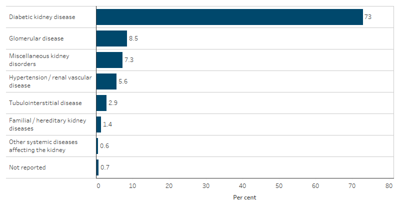 Primary kidney disease of new First Nations kidney replacement therapy patients This bar chart shows that, in 2020–2022, the most common type of primary kidney disease of new First Nations patients was diabetic kidney disease (73%). This was followed by glomerular disease (8.5%), miscellaneous kidney disorders (7.3%) and hypertension/renal vascular disease (5.6%).