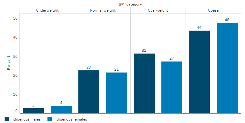 This bar chart shows that Indigenous males had a higher proportion in the normal weight and overweight categories (23% and 31%), compared with Indigenous females (21% and 27%). A lower proportion of Indigenous males were obese than Indigenous females (44% compared with 48%).