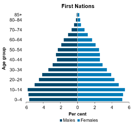 This figure shows the age structure of First Nations people and non-Indigenous Australians                  in 2021 within 5-year age groups. The first bar chart shows that for First Nations people, the population generally decreases with age. 