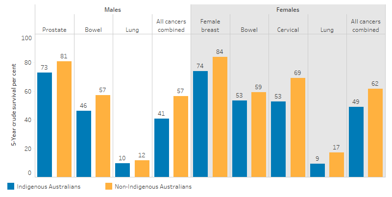 This bar chart shows that the 5-year survival rate for cancer was lower for Indigenous Australian males (41%) and females (49%) than non-Indigenous Australian males (57%) and females (62%). For Indigenous males, the crude survival rate was 73% for prostate cancer, 53% for bowel cancer and 10% for lung cancer. For Indigenous females, the crude survival rate was 74% for breast cancer, 46% for bowel cancer and 9% for lung cancer. 