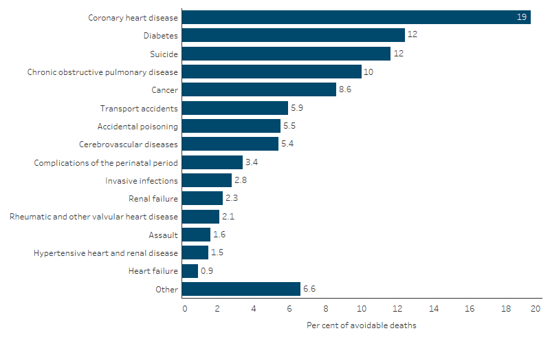 Potentially avoidable deaths, First Nations people aged 0–74, by cause of death This bar chart shows that the leading causes of potentially avoidable deaths among First Nations people in 2019–2023 were coronary heart disease (19% of avoidable deaths), diabetes (12%), suicide (12%) and chronic obstructive pulmonary disease (10%).