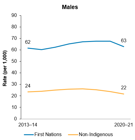 The first line chart shows that the age-standardised rate of potentially preventable hospitalisations were similar over time for both First Nations and non-Indigenous males from 2013–14 to 2018–19.